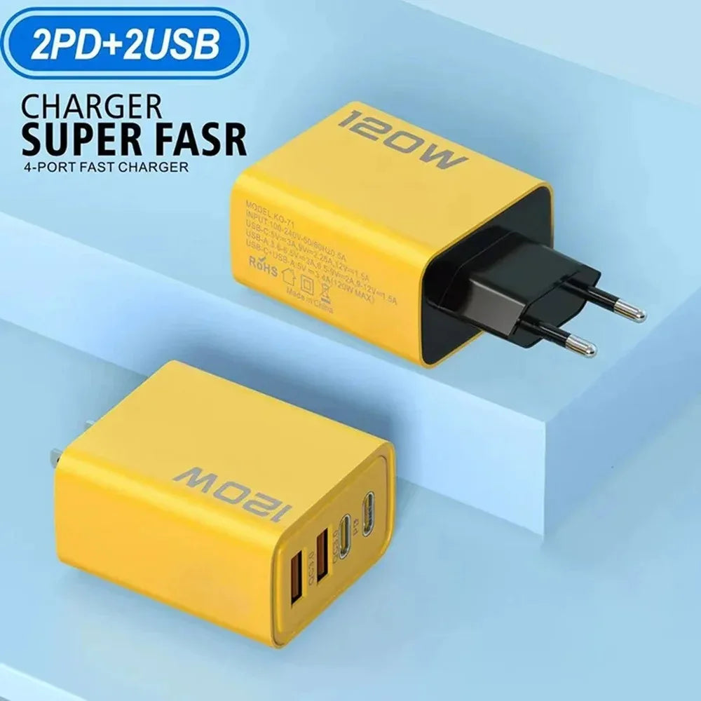 120W 4-Port USB Charger – PD Type-C Fast Charging Adapter for iPhone, Samsung, Xiaomi & Quick Charge Devices