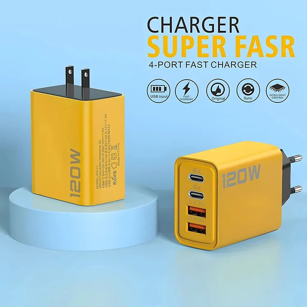 120W 4-Port USB Charger – PD Type-C Fast Charging Adapter for iPhone, Samsung, Xiaomi & Quick Charge Devices