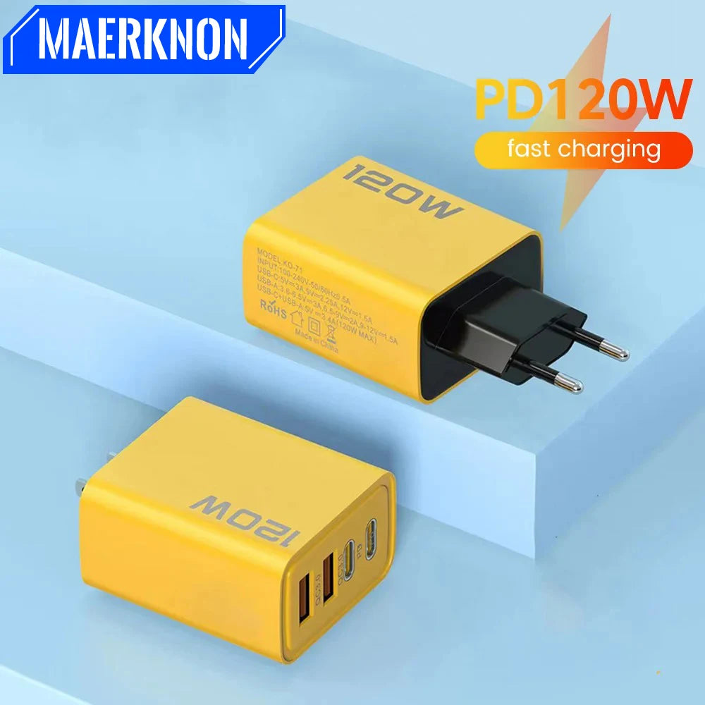 120W 4-Port USB Charger – PD Type-C Fast Charging Adapter for iPhone, Samsung, Xiaomi & Quick Charge Devices
