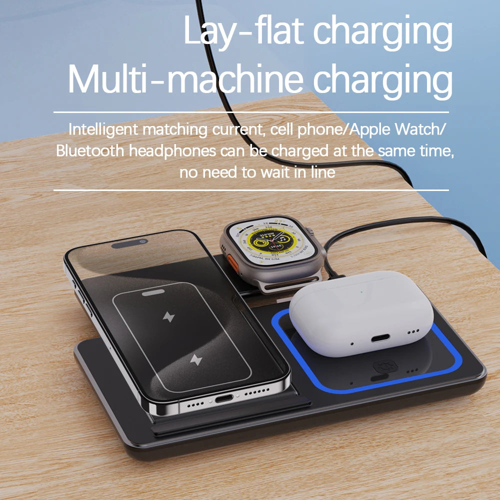3-in-1 Foldable 30W LED Wireless Charging Station – Fast Charger Stand for iPhone 15/14/13/12/11, Apple Watch Series 9-5 & AirPods Pro