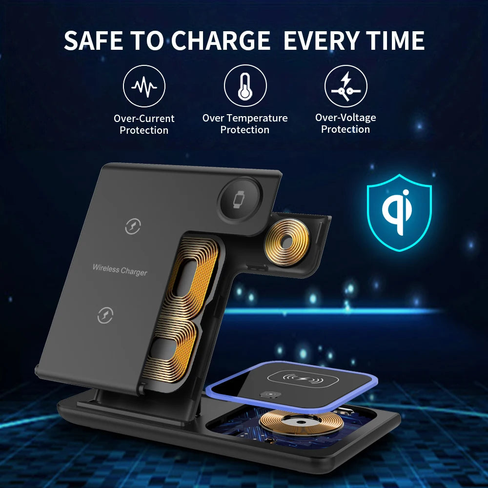 3-in-1 Foldable 30W LED Wireless Charging Station – Fast Charger Stand for iPhone 15/14/13/12/11, Apple Watch Series 9-5 & AirPods Pro