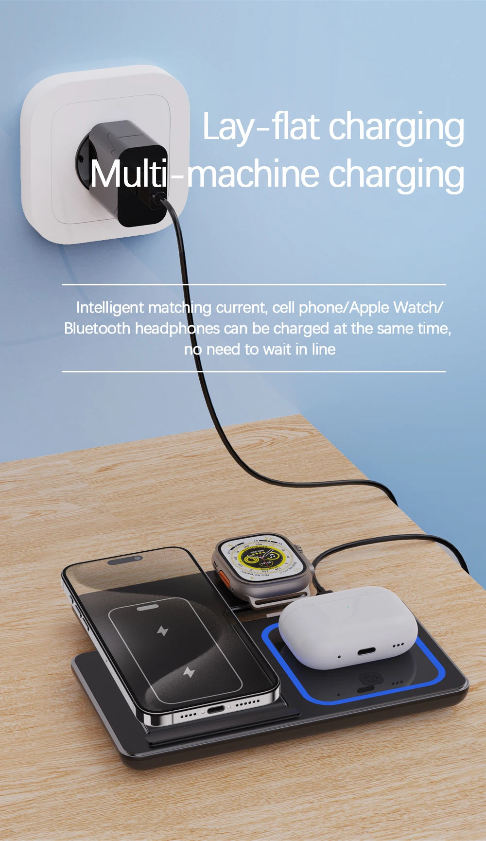 3-in-1 Foldable 30W LED Wireless Charging Station – Fast Charger Stand for iPhone 15/14/13/12/11, Apple Watch Series 9-5 & AirPods Pro