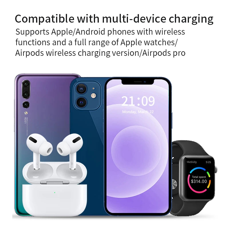 3-in-1 Foldable 30W LED Wireless Charging Station – Fast Charger Stand for iPhone 15/14/13/12/11, Apple Watch Series 9-5 & AirPods Pro