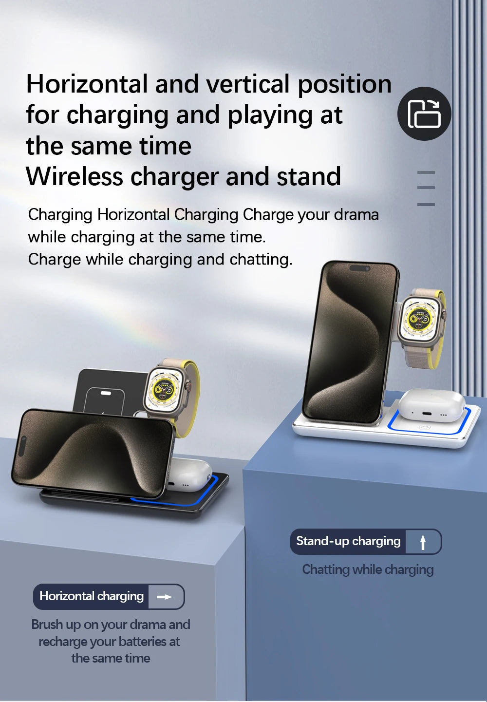 3-in-1 Foldable 30W LED Wireless Charging Station – Fast Charger Stand for iPhone 15/14/13/12/11, Apple Watch Series 9-5 & AirPods Pro