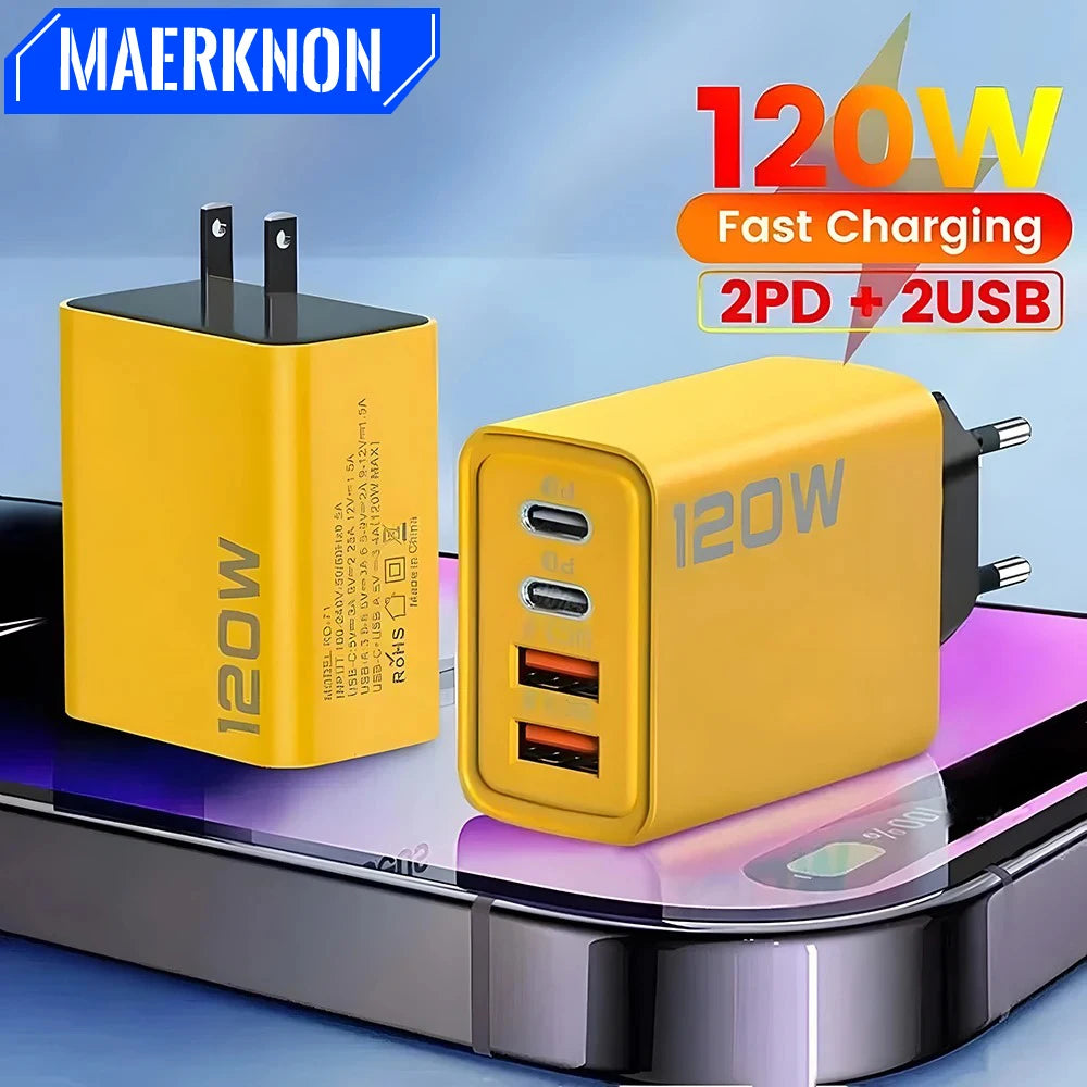120W 4-Port USB Charger – PD Type-C Fast Charging Adapter for iPhone, Samsung, Xiaomi & Quick Charge Devices