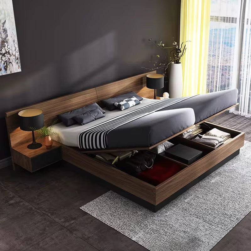 Modern Japanese Tatatmi Wood Storage Bed 1.8m Plywood Panel for Master Bedroom Apartment Home Stay