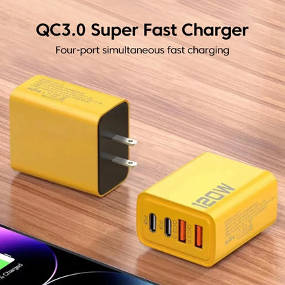 120W 4-Port USB Charger – PD Type-C Fast Charging Adapter for iPhone, Samsung, Xiaomi & Quick Charge Devices