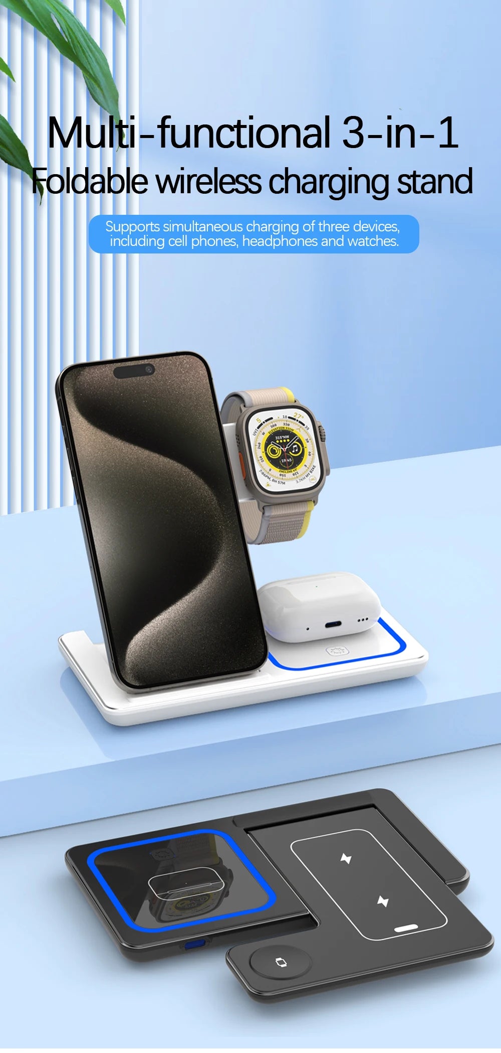 3-in-1 Foldable 30W LED Wireless Charging Station – Fast Charger Stand for iPhone 15/14/13/12/11, Apple Watch Series 9-5 & AirPods Pro