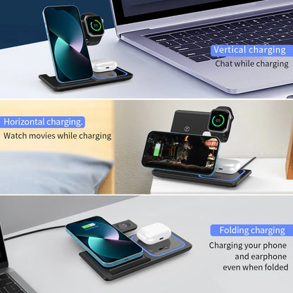 3-in-1 Foldable 30W LED Wireless Charging Station – Fast Charger Stand for iPhone 15/14/13/12/11, Apple Watch Series 9-5 & AirPods Pro