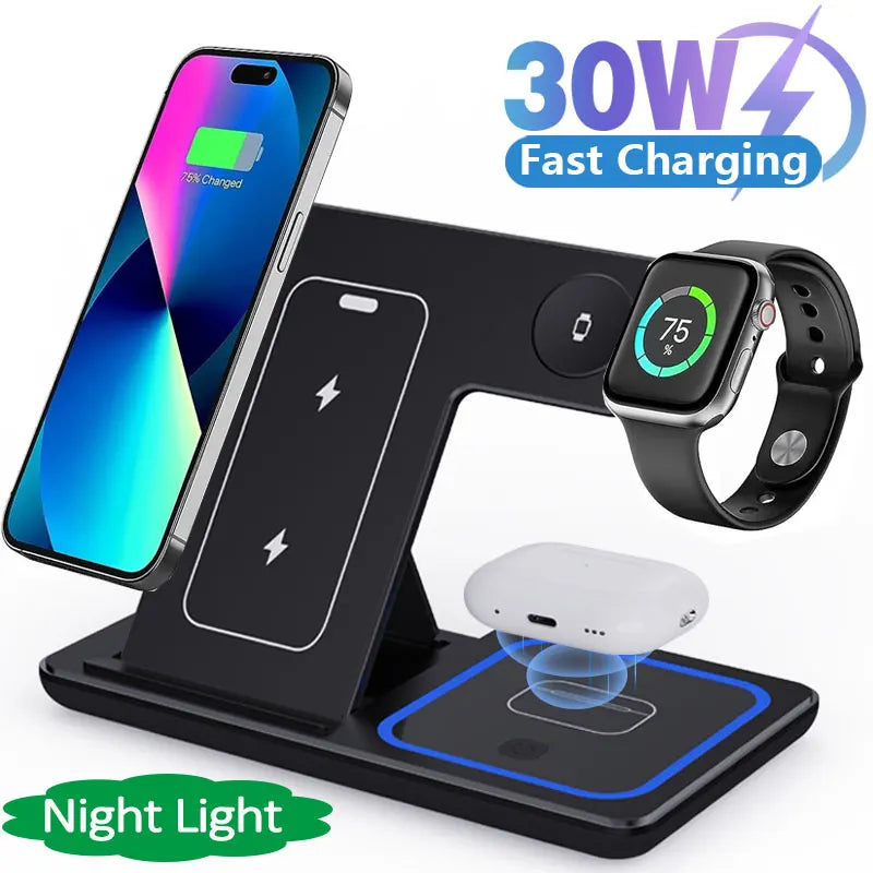 3-in-1 Foldable 30W LED Wireless Charging Station – Fast Charger Stand for iPhone 15/14/13/12/11, Apple Watch Series 9-5 & AirPods Pro