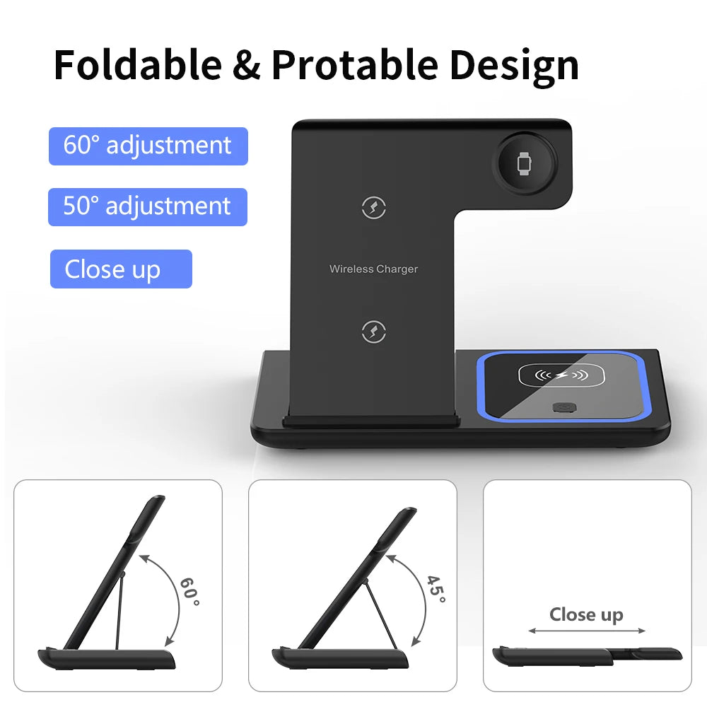 3-in-1 Foldable 30W LED Wireless Charging Station – Fast Charger Stand for iPhone 15/14/13/12/11, Apple Watch Series 9-5 & AirPods Pro
