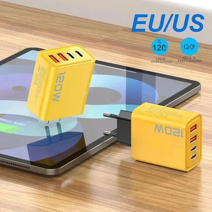 120W 4-Port USB Charger – PD Type-C Fast Charging Adapter for iPhone, Samsung, Xiaomi & Quick Charge Devices