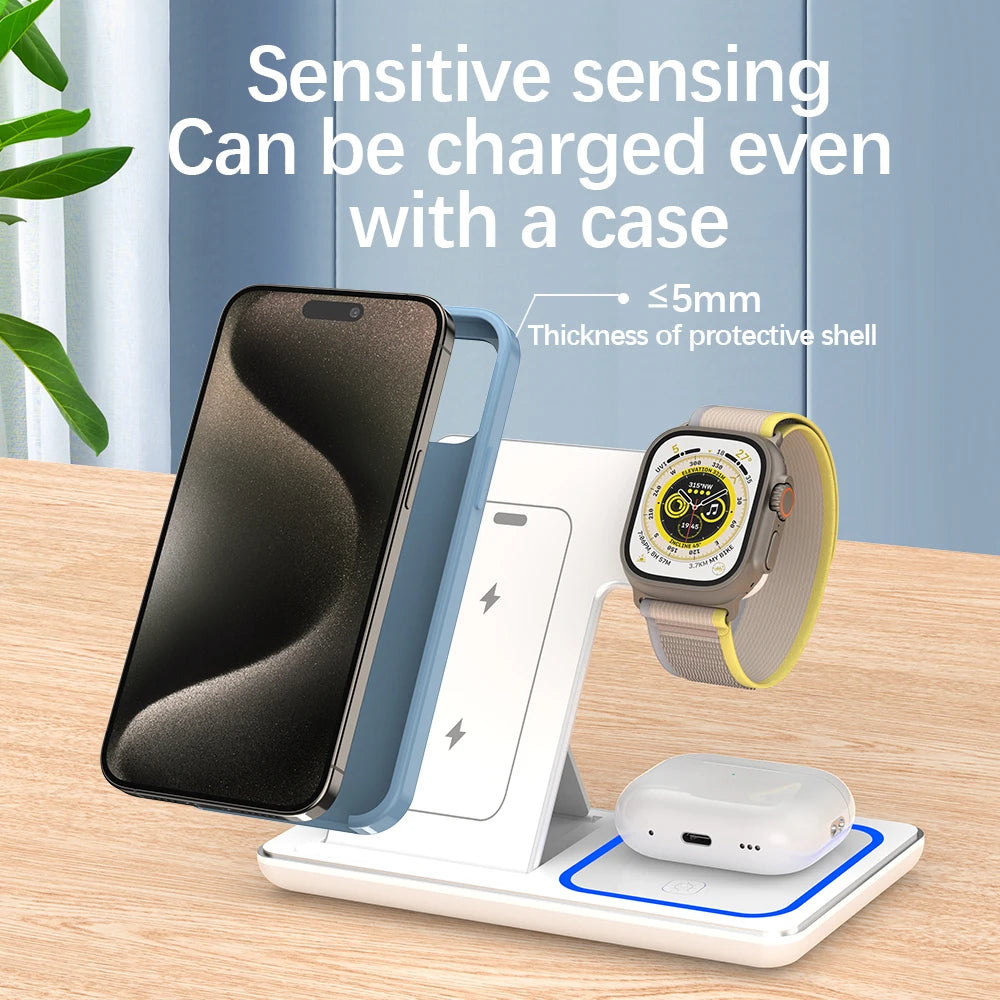 3-in-1 Foldable 30W LED Wireless Charging Station – Fast Charger Stand for iPhone 15/14/13/12/11, Apple Watch Series 9-5 & AirPods Pro