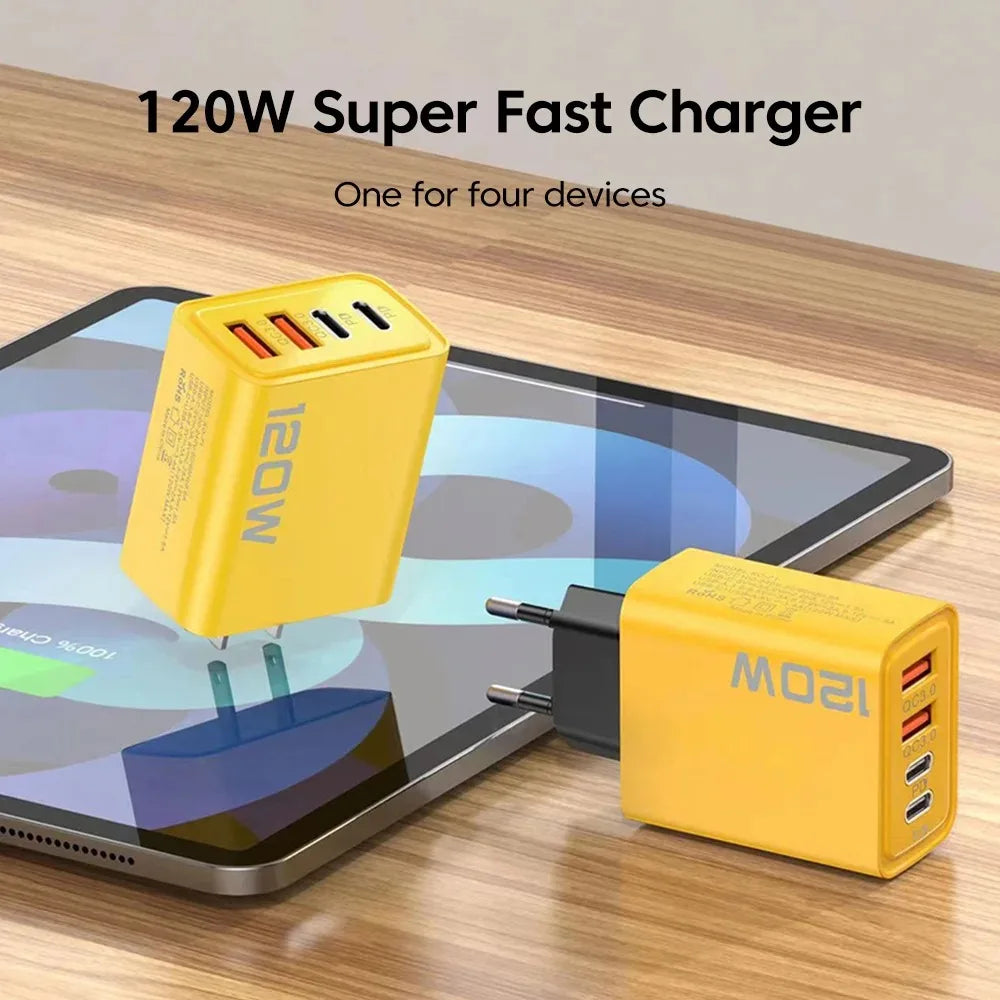120W 4-Port USB Charger – PD Type-C Fast Charging Adapter for iPhone, Samsung, Xiaomi & Quick Charge Devices