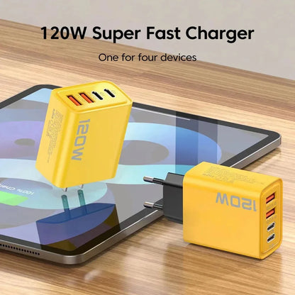 120W 4-Port USB Charger – PD Type-C Fast Charging Adapter for iPhone, Samsung, Xiaomi & Quick Charge Devices