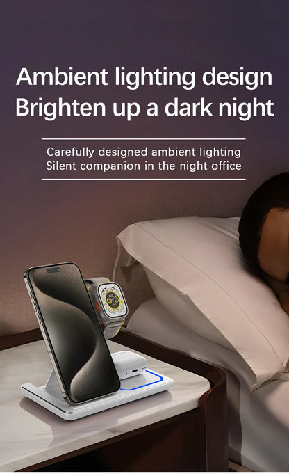 3-in-1 Foldable 30W LED Wireless Charging Station – Fast Charger Stand for iPhone 15/14/13/12/11, Apple Watch Series 9-5 & AirPods Pro